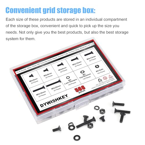 DYWISHKEY 566 Pieces M3 Black Screws, 10.9 Grade Alloy Steel M3x 5/6 /8/10 /12/16 /20mm Countersunk Head Socket Cap Screws Bolts Nuts Washers Assortment Kit - size: M3, style: Countersunk Head Socket Cap