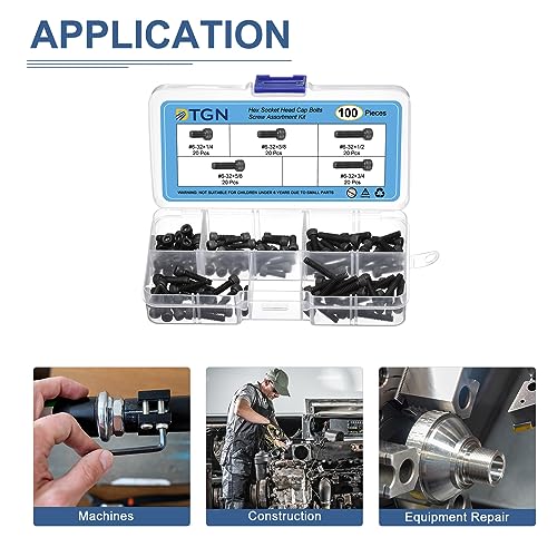 DTGN 100Pcs #6-32 Bolts Socket Head Screws Kit, #6-32 Screw Assortment, 12.9 Grade Steel #6-32 x 1/4", 3/8", 1/2", 5/8", 3/4" Hex Socket Head Cap Screws Bolt Set for 3D Printing DIY