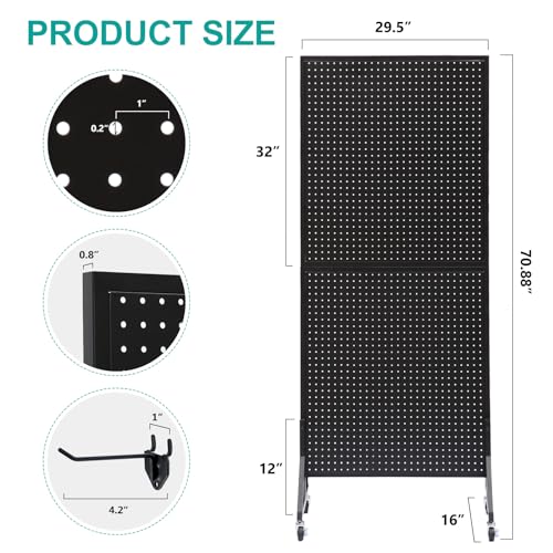 Eastern Tree 2.5'x 6' Metal Pegboard Display Stand with T-Base, Black Peg Board Panels Display with Casters, Standing Pegboard Display, Retail Display Stand, Extra 10 Pieces Hooks, Black - size: 1-Pack Black