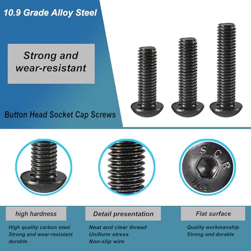 M6 x 30mm 35mm 40mm 45mm 50mm Button Head Socket Cap Screws Bolts, 10.9 Grade Alloy Steel, Black Oxide Finish, Metric Allen Hex Drive, Fully Threaded, Assortment Kit 50Pcs - size: Button M6x30-50 mm