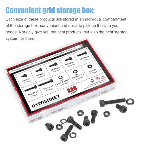 DYWISHKEY 226 Pieces M5 Black Screws, 12.9 Grade Alloy Steel M5x 6/8 /10/12 /16/20 /25mm Hex Socket Head Cap Screws Bolts Nuts Washers Assortment Kit - size: M5, style: Socket Head