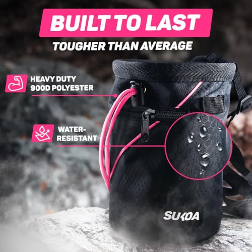 Chalk Bag for Rock Climbing - Rock Climbing Gifts Gear Accessories - Quick-Clip Belt, Large Zippered Pockets & Brush Holder - Weight Lifting, Gym, Bouldering, Disc Golf, Wall, Rock Climbing Chalk Bag - color: Sukoa Pink