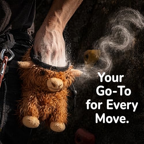 Funny Highland Cow Rock Climbing Chalk Bag, Soft Fluffy Cow Climbing Chalk Pouch with Drawstring Adjustable Belt, Fit Bouldering, Gymnastics Outdoor Activities for Climbers - color: beige