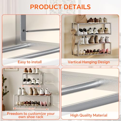 Homeiju Hanging Shoe Organizer,2 Pack Wall Mounted Shoe Rack Holds 12 Pairs,Space Saving Metal Wall Shoe Rack,Hanging Shoe Rack Shoe Holder for Small Space,Entryway,Closet,RV,Camper (Silver) - color: Silver