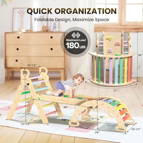 BlueWood Pikler Triangle Set with Safe Handle, Climbing Toys for 1-3 Year | Foldable 7-in-1 Montessori Toddler Climbing Toys Indoor, Wooden Pickler Climbing Set, Baby Jungle Gym & Playground, Rainbow - color: Rainbow