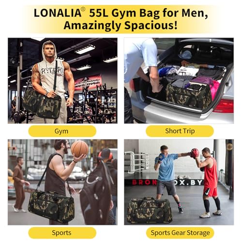 55L Sports Duffle Bag for Men, 22 inch, Camo | Multi Pockets, Water Resistant, Weekend Travel, Workout, Fitness - color: Camo