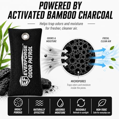 EverForge Odor Patrol Charcoal Deodorizer Bags, Natural Odor Absorber for Shoes & Sneakers, Gym Bags, Lockers, Sports Gear, & Cars, Activated Charcoal, 2-Pack, Unscented