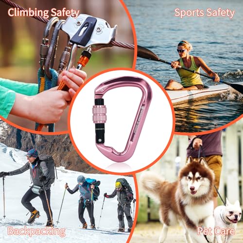 NewDoar CE Certified 30kN-6744lbs Climbing Carabiner Professional, Heavy Duty D Screwgate Clip, for Climbing,Rappelling,Hunting, Rescue - color: Screwgate/Pink/5pcs