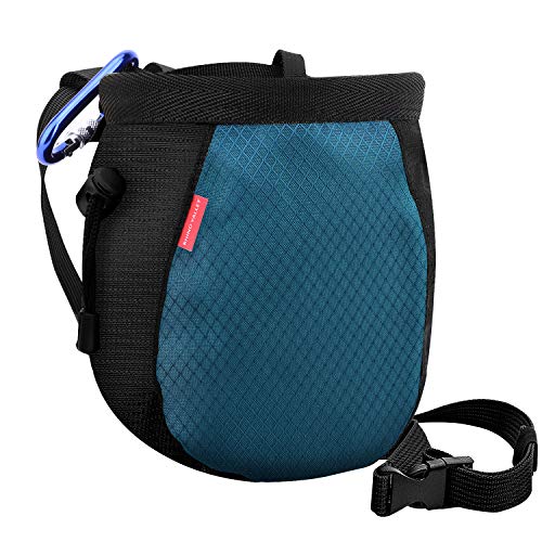 Rhino Valley Climbing Chalk Bag, No Leak Drawstring Chalk Bag with Adjustable Belt, Carabiner Clip and Zippered Pockets Chalk Bag for Rock Climbing, Cross Fit, Weight Lifting & More - color: Black/Royal Blue