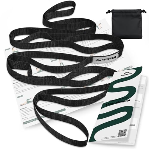 Trideer Stretching Strap with Loops & Leg Lifter, Non-Elastic PT-Style Physical Therapy Strap for Knee Replacement Rehab, Hamstring, Calf & Back Stretcher Mobility, Hip, Shoulder & Yoga - color: Black
