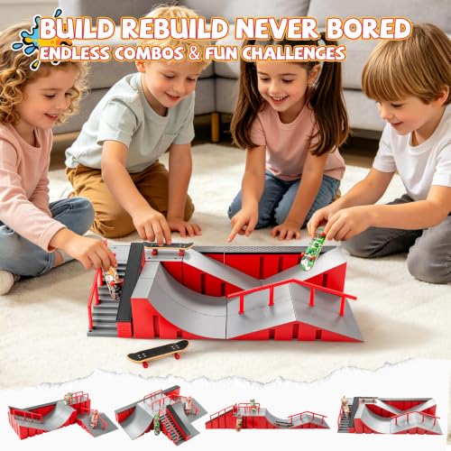 Fingerboard Skate Park Ramp Kit, Finger Skateboards Toys with Skates Sports Shorts Tool Kit, Mini Fingerskateboards Training Props Interactive Freestyle Skate Game for Kids Adults