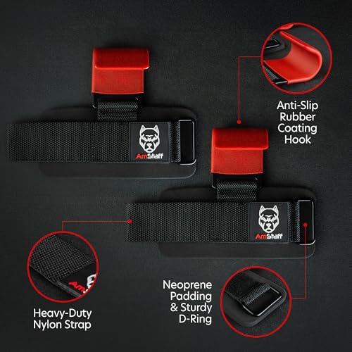 AmStaff Fitness Weight Lifting Hooks (Pair) - Gym Wrist Straps with Steel Hooks for Weightlifting, Pull-Ups, Deadlifts, Strength Training, and Fitness Workouts - Adjustable Neoprene Wrist Support - color: Red