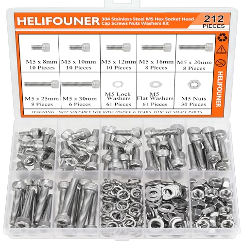 HELIFOUNER 212 Pieces M5 x 8mm /10mm /12mm /16mm /20mm /25mm /30mm, Hex Socket Head Cap Screws Bolts Washers Nuts Kit, 304 Stainless Steel - size: M5 Screw Kit (212 PCS)