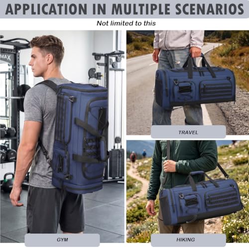 50L Tactical Gym Bag for Men and Women with Shoe & Laptop Compartment | Extra Large Duffle Bag, 3-in-1 Travel Sports Duffel Bags MOLLE Weekender Overnight Bag for Gym, Travel, Black+ Blue - color: Black+Blue