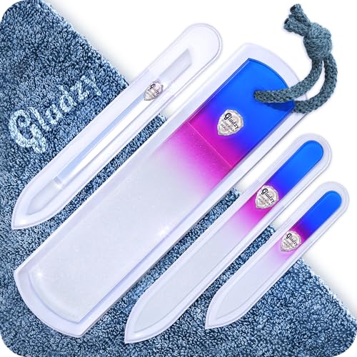 GLADZY Genuine Czech Glass Nail File Set - Callus Remover Foot Rasp, Cuticle Pusher Manicure Stick, Double Sided Etched Different Grit Surface, Professional Nail Care Tool, Made in EU - color: All-in-one Set - Aqua Magenta