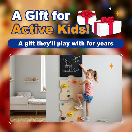 Wooden Rock Climbing Wall for Kids with 15 Rock Climbing Holds | Montessori Climbing Wall for Kids Indoor with Drawing Blackboard, Pre-Drilled Nuts, Home Gym Kids Playroom, Easy Assembly