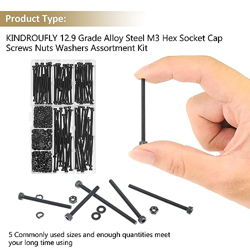 402 Pieces Black M3 x 30/35 /40/45 /50 mm Hex Socket Head Cap Screws Nuts Washers Assortment Kit, 12.9 Grade Alloy Steel - size: M3 x 30/35/40/45/50mm, style: Socket Head