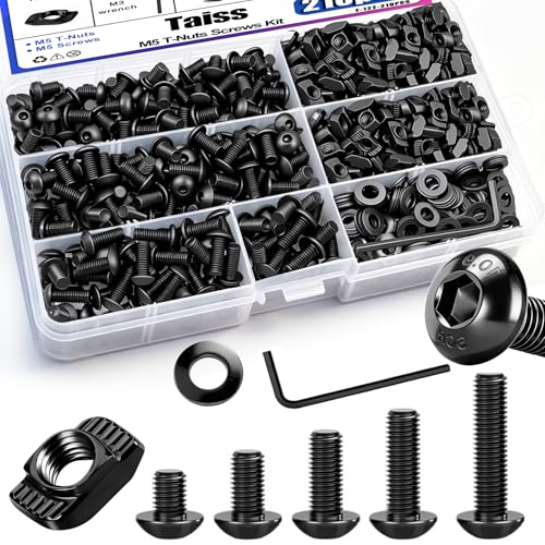 Taiss 210PCS M5 T-Nuts and Bolts Kit for 2020 Aluminum Extrusion Hardware,Hammer Head M5 T-Slot Nut,M5x8/12/16/20mm Hexagon Socket Screws with Hex Wrench - size: 210PCS M5 T-Nuts Screw Kit
