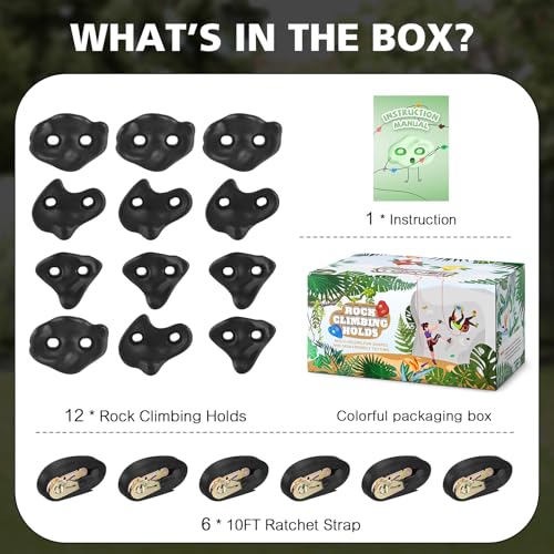 TOPNEW 12PCS Ninja Tree Climbing Holds and 6 Sturdy Ratchet Straps for Kids Tree Climbing, Large Climbing Rocks for Outdoor Ninja Warrior Obstacle Course Training - style: 12 Black Climbing Holds