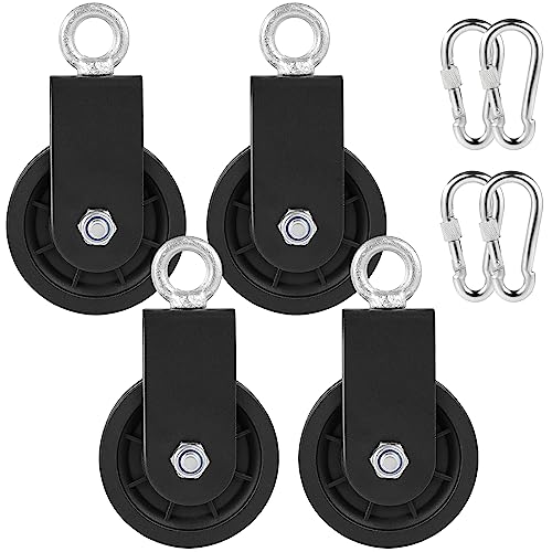3.54 in Cable Pulley 360 Rotation Traction Wheel with Carabiner and Strap,Silence Smooth Detachable for DIY Gym Pulley System,DIY Gym Attachment Lifting Blocks,Ladder Lift,Hoists,Clothesline - color: 4 Pulley+4 Carabiner