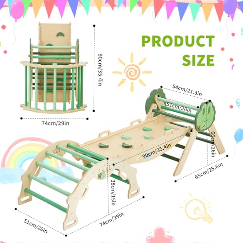 Takywep Pikler Triangle Set, 7-in-1 Foldable Pikler Triangle Climbing Toys Set with Arch & Ramp & Ladder, Indoor Playground Gym, Wooden Montessor Climbing Set for Kids Toddler - color: Green-frog