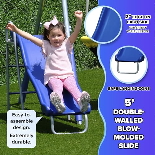Sportspower Taylor 700lbs Galvanized Metal Swing Set for Kids for Backyard & Outdoors with Teeter-Totter, Saucer & Standing Swings, & 5ft Slide, 7.55' D × 13.88' W × 6.07' H, Bonus Anchor Kit
