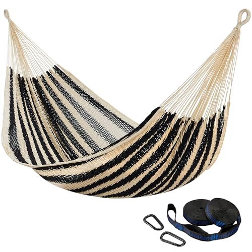 CHULIM Handwoven Mayan Hammock with 10ft Tree Straps, 550lbs Capacity Soft Rope Double Hammock, Portable Outdoor Hammock with Carry Bag for Camping Backyard Beach - Black White Stripe - color: Black White Stripe