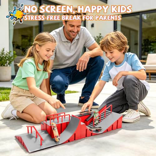 Fingerboard Skate Park Ramp Kit, Finger Skateboards Toys with Skates Sports Shorts Tool Kit, Mini Fingerskateboards Training Props Interactive Freestyle Skate Game for Kids Adults