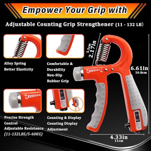CYFIE Grip Strength Trainer Kit, Adjustable 10-132 lb, Hand Exerciser | Forearm Strengthener, Finger Stretcher, Stress Ball and Bag for Grip Recovery, Wrist Training, Rehab, Climbers and Musicians - color: Orange