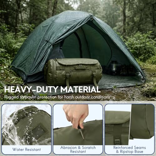 Haimont Heavy Duty Convertible Travel Duffel Backpack, Army Green, 60L | Shoe Compartment, Water-Resistant Tarpaulin, Wide U-Shaped Opening - color: Green, size: 60L