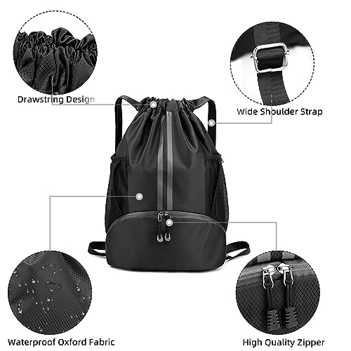 Valleycomfy Sports Drawstring Backpack - Water Resistant String Bag Black | with Side Mesh Pockets Shoe Compartment Gym Backpack for Women & Men - color: A-black
