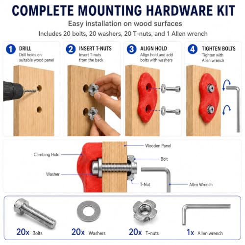 Rock Climbing Holds, Colorful Textured Wall Rocks with Hardware | Textured climbing rocks with bolts and washers for compatible wood playsets, indoor walls, backyard walls, and route setups