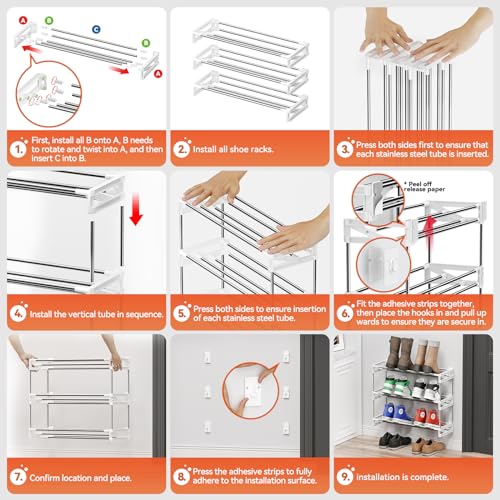 3 Tier for Wall Mounted Shoe Rack with Hook and Loop Sticky Adhesive Strips Shoe Shelf, Slim Shoe Rack Space Saving Design Wall Shoe Organizer for RV - color: White
