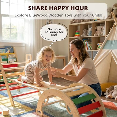 BlueWood Pikler Triangle Set, Toddler Climbing Toys Indoor 7in1 Foldable | Wooden Climber for Kids, Montessori Philosophy Play Jungle Gym with Arch, Ramp, Ladder (Warm Winter Christmas) - color: Warm Winter Christmas