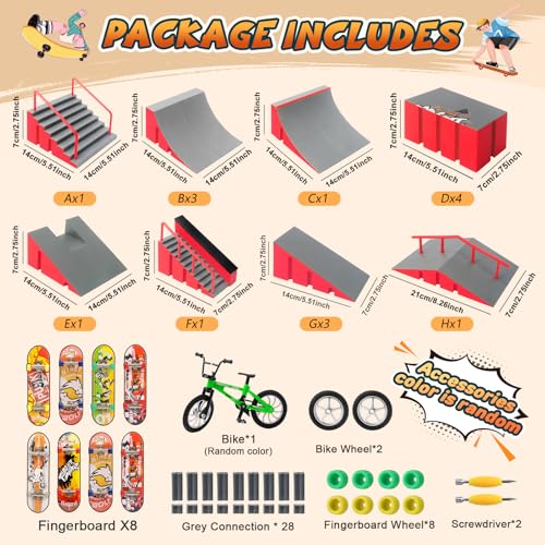 Finger Skateboard Park Kit for Kids, 14-in-1 Mini Skatepark Ramp Set with Half Pipe, 8 Finger Skateboards & Finger Bike, Ramp Accessories Toy Gifts for Boys Girls Ages 3+ - color: 14in1-red