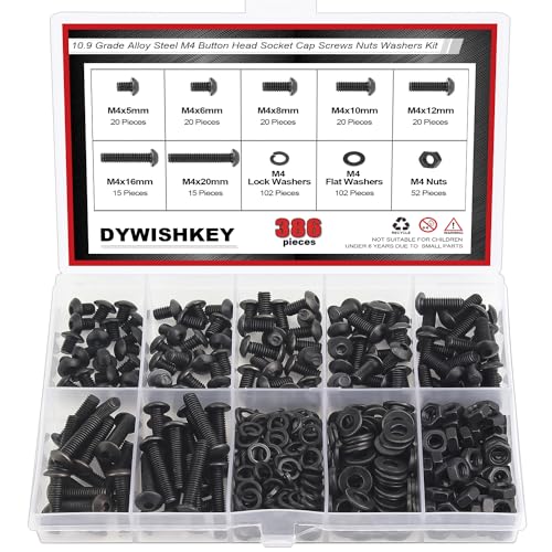 DYWISHKEY 386 Pieces M4 Black Screws, 10.9 Grade Alloy Steel M4x 5/6 /8/10 /12/16 /20mm Button Head Socket Cap Screws Bolts Nuts Washers Assortment Kit - size: M4, style: Button Head Socket Cap