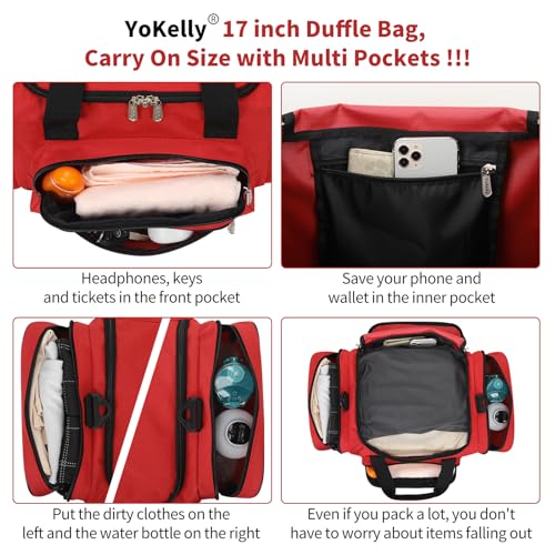 Small Duffel Bag, 17 inch, Red | 25L, Multi Pockets, Carry On, Weekender Bag, Travel Gym Sport, 17x10x9 in - color: Red, size: 17 inch - 1.0