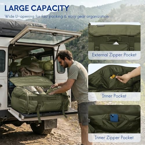 Haimont Heavy Duty Convertible Travel Duffel Backpack, Army Green, 90L | Shoe Compartment, Water-Resistant Tarpaulin, Wide U-Shaped Opening - color: Green, size: 90L