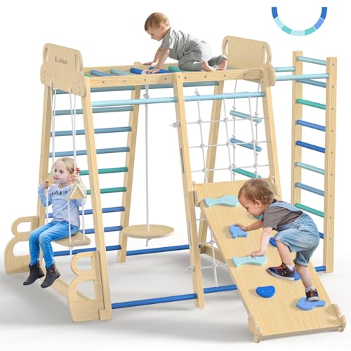 Upgraded Indoor Jungle Gym 9-in-1 Playground Kids Climbing Toys | Waldorf Style Wooden Climber Playset with Slide, Swing, Monkey Bars, Upright/Rope Ladder, Climb Net, Blue - color: Blue