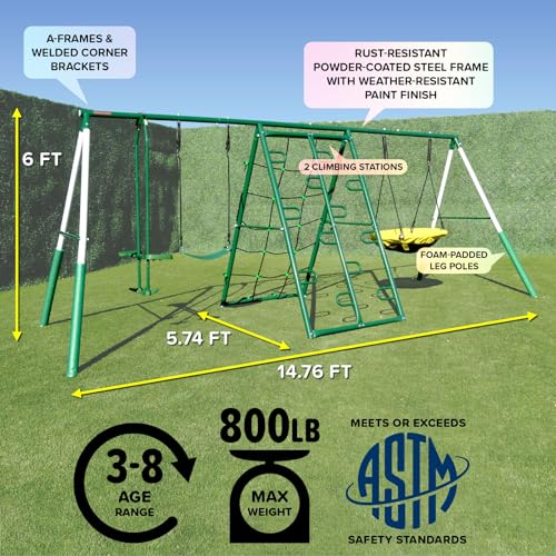 Sportspower Swing Climb and Glide Metal Swing Set 6 in 1: Heavy-Duty A-Frame, Belt Swing, Glider, Saucer, Climbing & Net Ladders (Green)