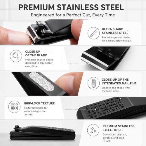 TOOLETRIES Premium Nail Clipper Kit with Travel Tin - Black | Premium grooming kit featuring stainless steel finger & toenail clippers in a reusable tin: for home, travel & gifting.