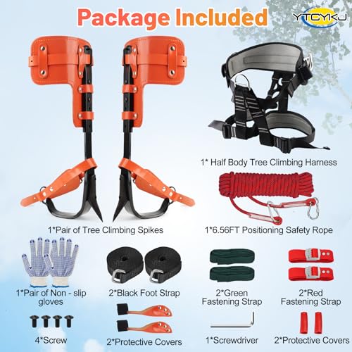 Professional Tree Climbing Spikes Set – Height-Adjustable Climbing Spurs | 350lb Load Rating Tree Climbing Gear, Includes Rope & Straps for Arborists, Hunters, Fruit Harvesting