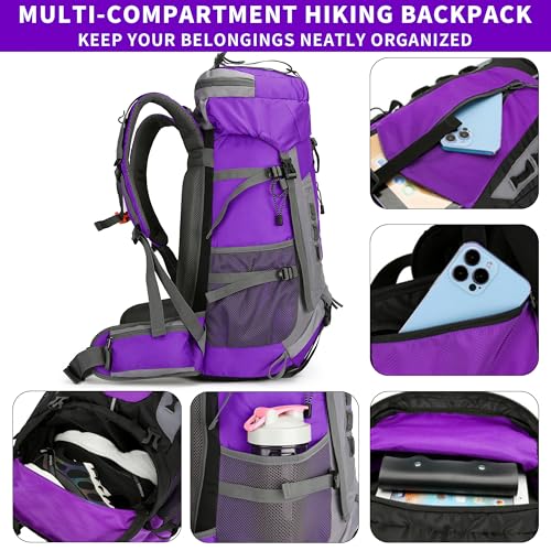 75L Hiking Backpack with Rain Cover Waterproof Camping Backpack Shoes Warehouse for Men Women, Frameless - color: Purple, size: 60L