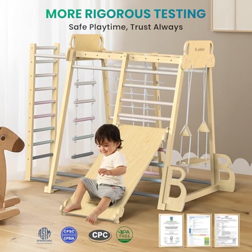 Upgraded Indoor Jungle Gym 9-in-1 Playground Kids Climbing Toys | Waldorf Style Wooden Climber Playset with Slide, Swing, Monkey Bars, Upright/Rope Ladder, Climb Net, Pink - color: Pink