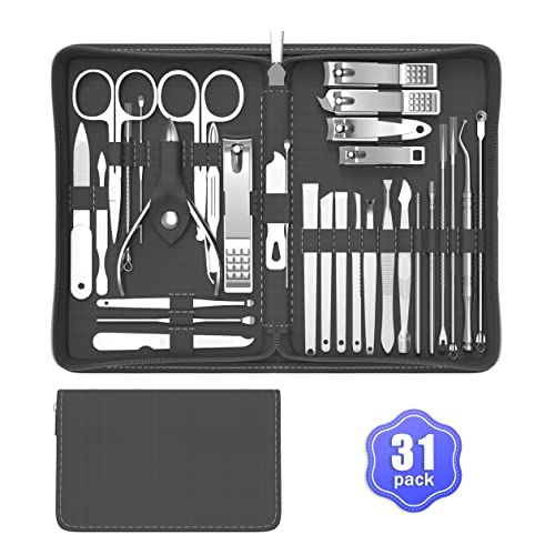 Cater Manicure Nail Clippers Kit - 31Pc Stainless Steel Nail Grooming Set with Luxurious Travel Case (Black) - color: Black