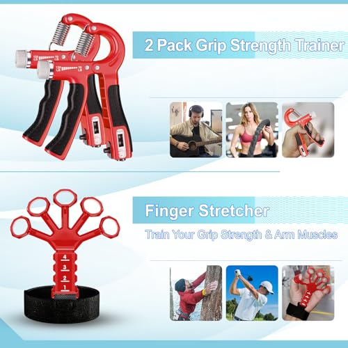 ACOTANT Grip Strength Trainer(5 Pack) with Finger Exerciser, Hand Grip Strengthener, Finger Stretcher,Grip Ring & Stress Relief Ball for Muscle Building and Injury Recover with Carry Bag - color: RED