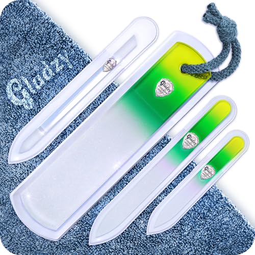 GLADZY Genuine Czech Glass Nail File Set - Callus Remover Foot Rasp, Cuticle Pusher Manicure Stick, Double Sided Etched Different Grit Surface, Professional Nail Care Tool, Made in EU - color: All-in-one Set - Lemon Green