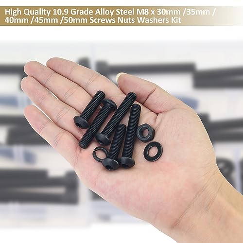 77 Pieces Black M8 x 30/35 /40/45 /50 mm Button Head Socket Cap Screws Nuts Washers Assortment Kit, 10.9 Grade Alloy Steel - size: M8 x 30/35/40/45/50mm, style: Button Head