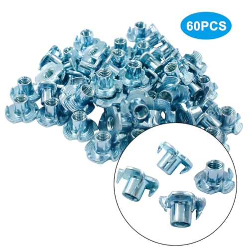 Hitefu M5 X 8mm T-Nut, 4 Pronged, Zinc Plated, 60Pcs | Tee Nuts Threaded Insert, For Table Legs, Rock Climbing Wall, Woodwork Holds, Wood Cabinetry - size: M5-8 (60Pack)