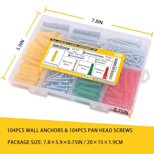 JEGONFRI 208PCS Drywall Anchors & Screws Kit, 4 Sizes, Wall Anchors | Versatile for Various Walls, Rust-Resistant Coating, High Load Capacity, Reusable Case